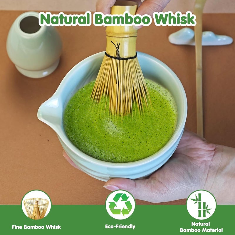 Evoio Matcha Whisk Set, 7 Pcs Ceramic Matcha Whisk Kit, Bowl with Spout, Holder, Stainless Sifter, Bamboo Scoop and Tea Towel, Gift Set for Tea Lovers - Image 3